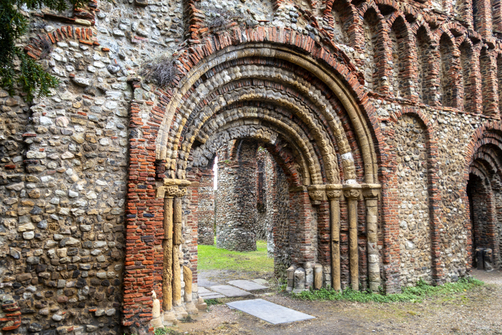 St Botolph’s Priory in Colchester, Essex, Eastern England, was founded around 1093 and housed Augustinian canons until its dissolution in 1536. It was constructed using flint and reused Roman bricks which were locally readily available thanks to the town’s earlier occupation as a Roman settlement. The Priory was built in typical Norman style with thick circular pillars, round arches and a highly decorative West Front, of which this image shows part. The Priory was badly damaged in 1648 during the siege of Colchester in the Civil War.